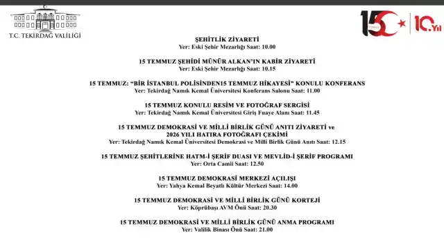 Tekirdağ Valiliği 15 Temmuz Demokrasi ve Milli Birlik Günü Programı