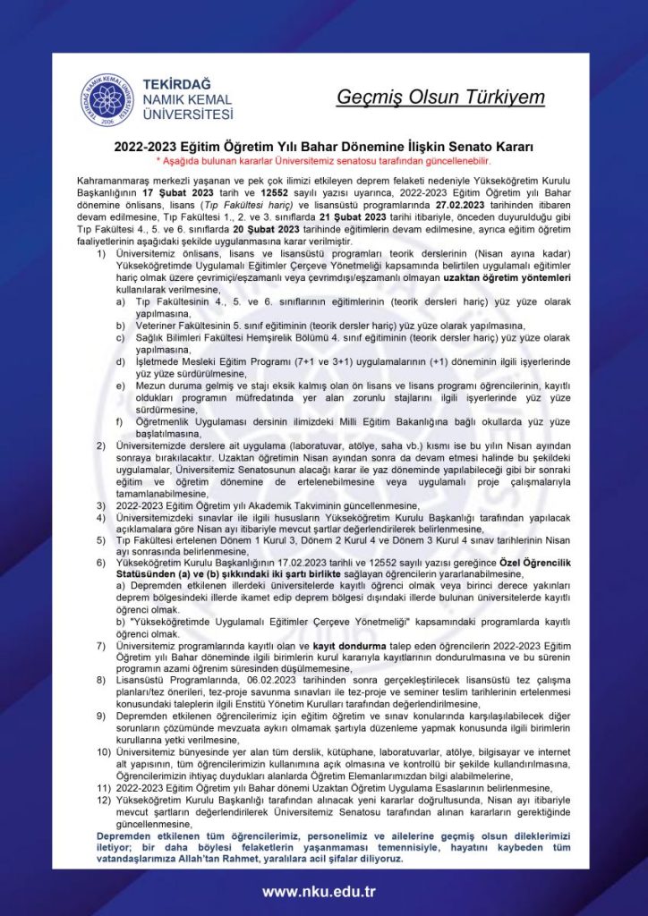 2022-2023 Eğitim Öğretim Yılı Bahar Dönemine İlişkin Senato Kararı