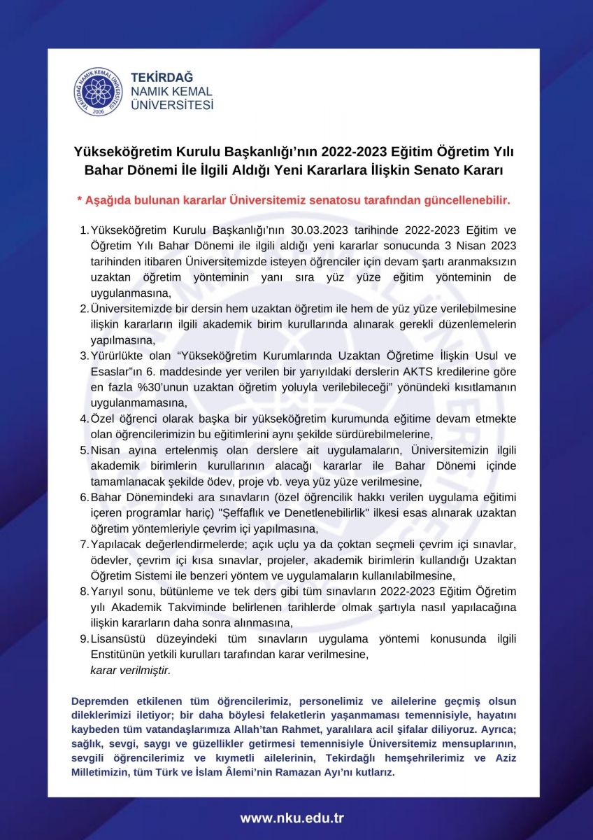 Bahar Dönemi İle İlgili Aldığı Yeni Kararlara İlişkin Senato Kararı