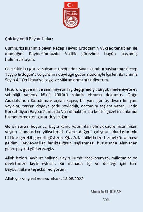 Vali Mustafa ELDÎVAN : Bayburt’umuzda Valilik görevime bugün başlamış bulunmaktayım.