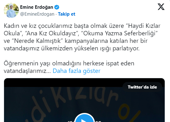 Emine Erdoğan’dan Dünya Okuma Yazma Günü mesajı
