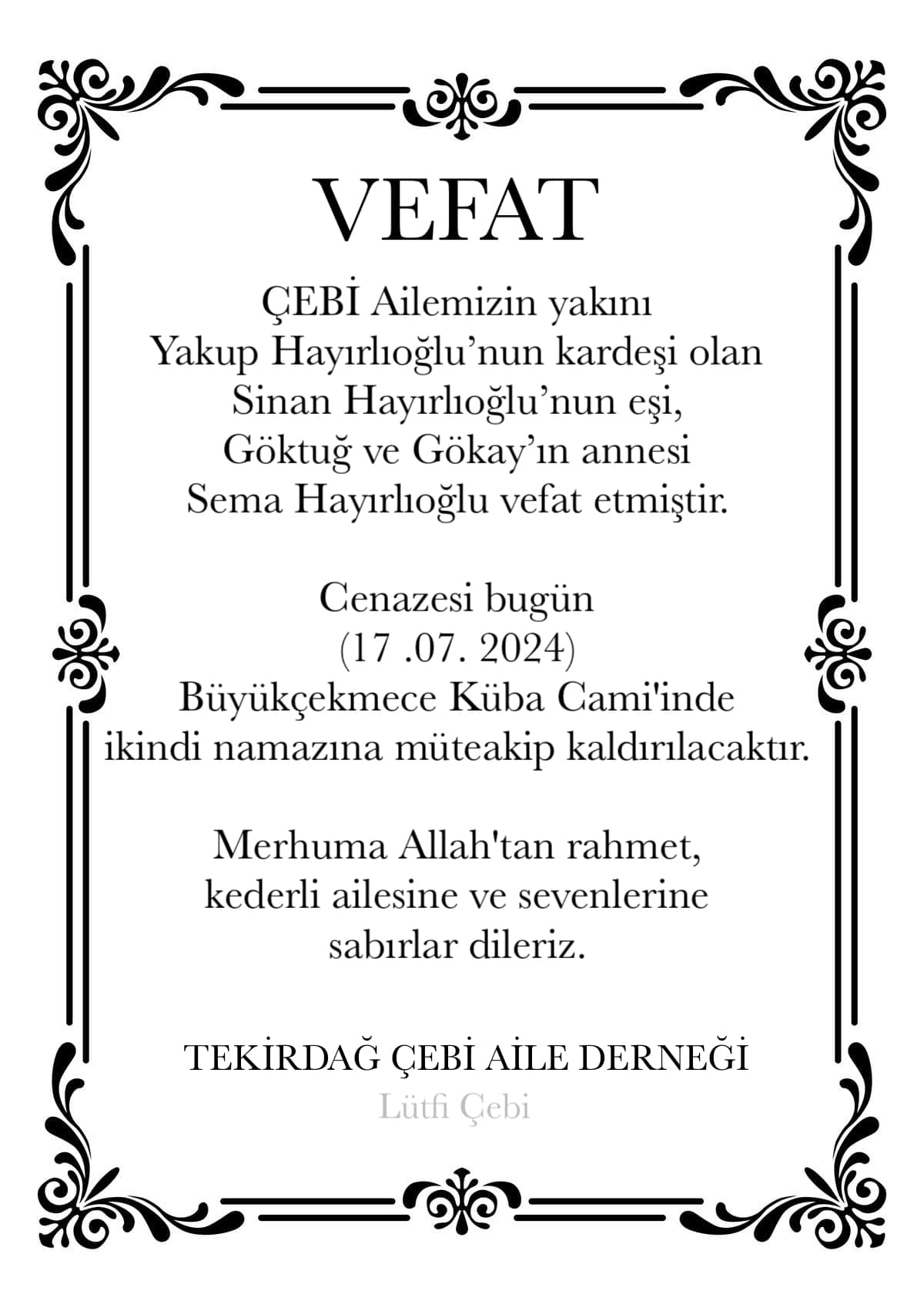 SEMA HAYIRLIOĞLU VEFAT ETTİ