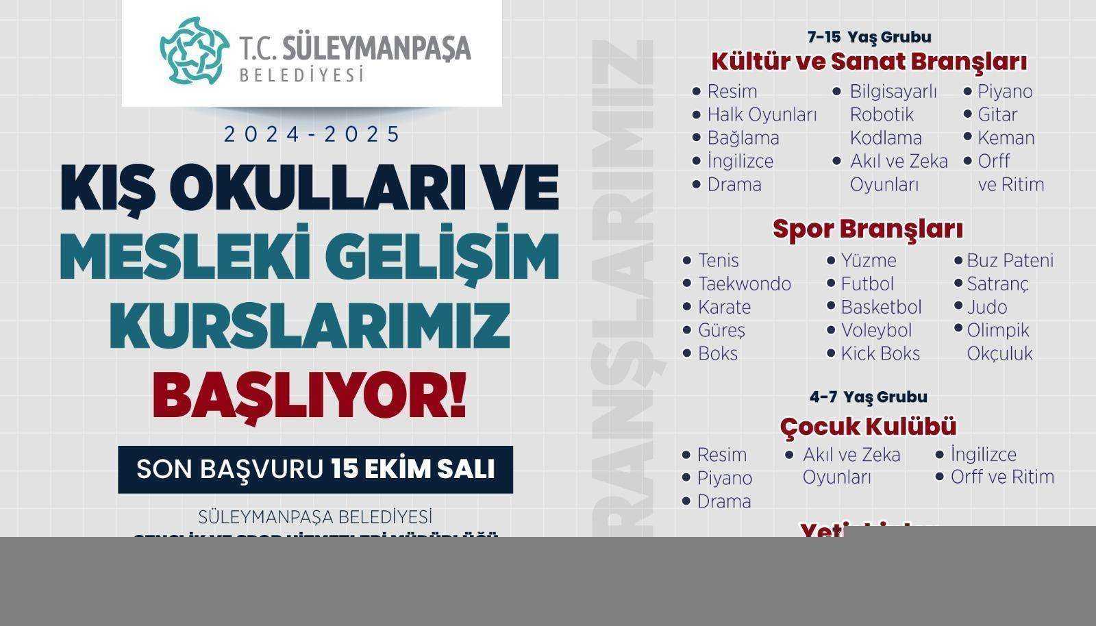 Süleymanpaşa Belediyesi Kış Okulları ve Mesleki Gelişim Kursları Başlıyor