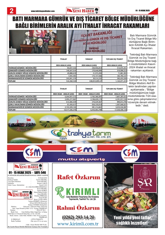 Tekirdağ Yeni Haber Gazetesi 546.Sayı Çıktı