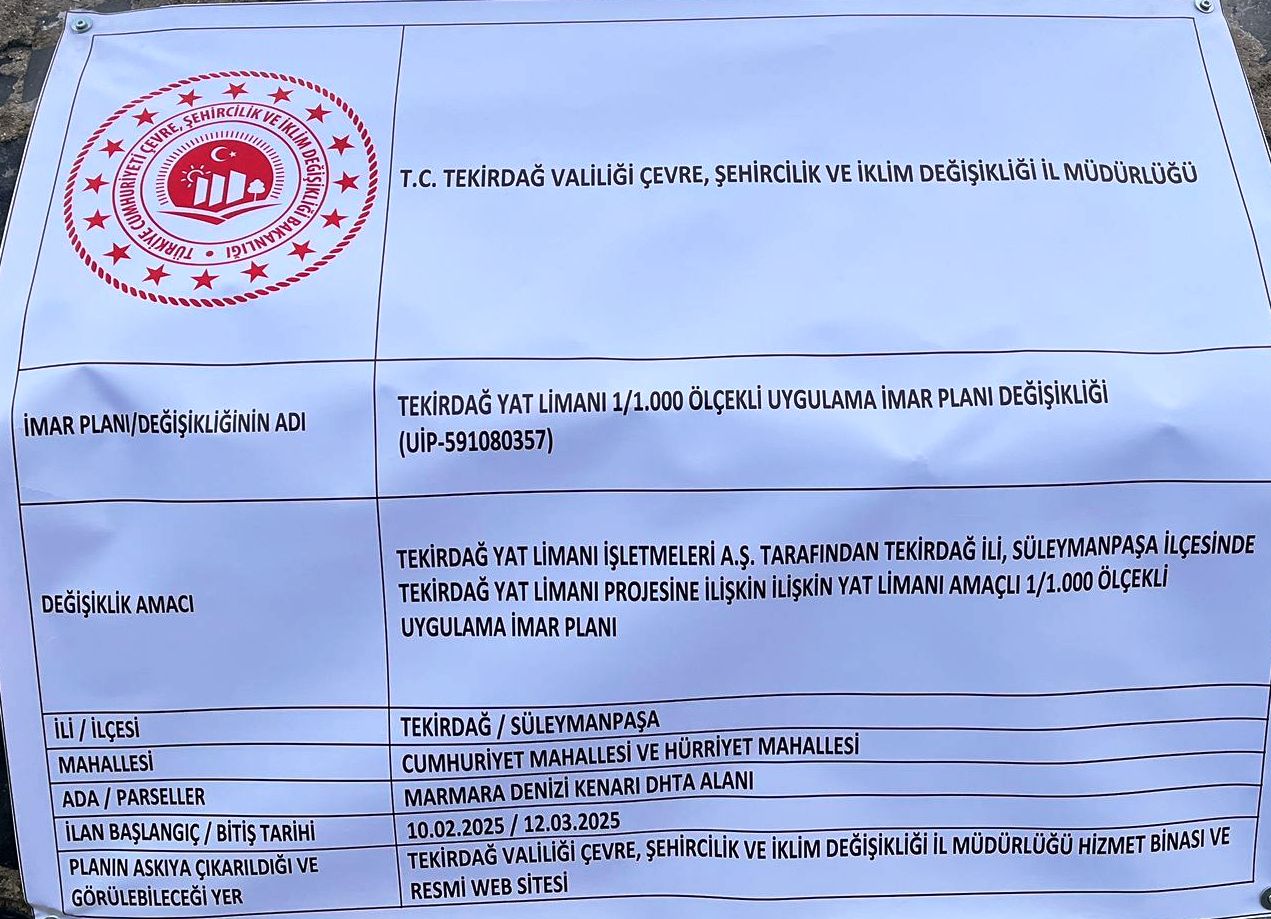 Tekirdağ yat limanı imar değişiklik planı askıya çıktı