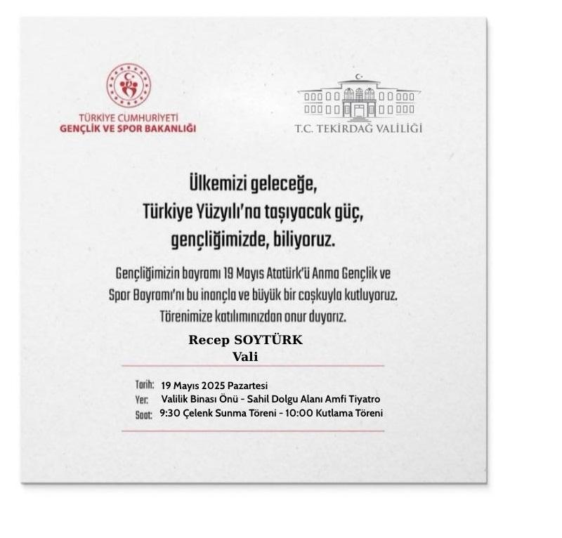 Tekirdağ Valiliği’nden 19 Mayıs’a Özel Kutlama Programı