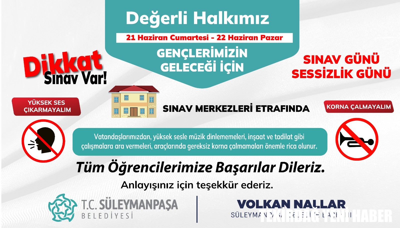 Süleymanpaşa Belediyesinden Sınav Günleri İçin Sessizlik Çağrısı