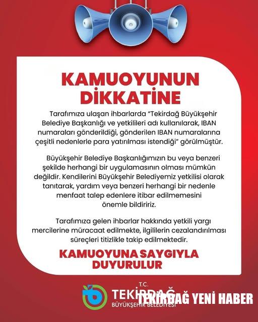 Tekirdağ Büyükşehir Belediyesi’nden Dolandırıcılık Uyarısı
