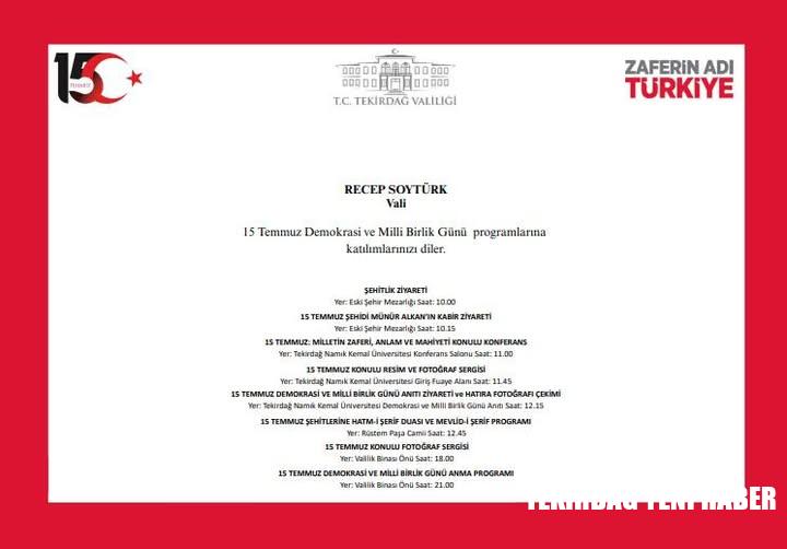 Tekirdağ’da 15 Temmuz Demokrasi ve Millî Birlik Günü Anma Programı Belli Oldu