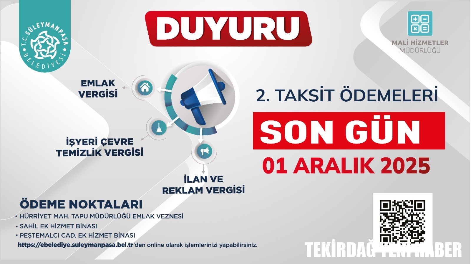 Süleymanpaşa Belediyesi Vergi Ödemeleri İçin Son Gün 1 Aralık