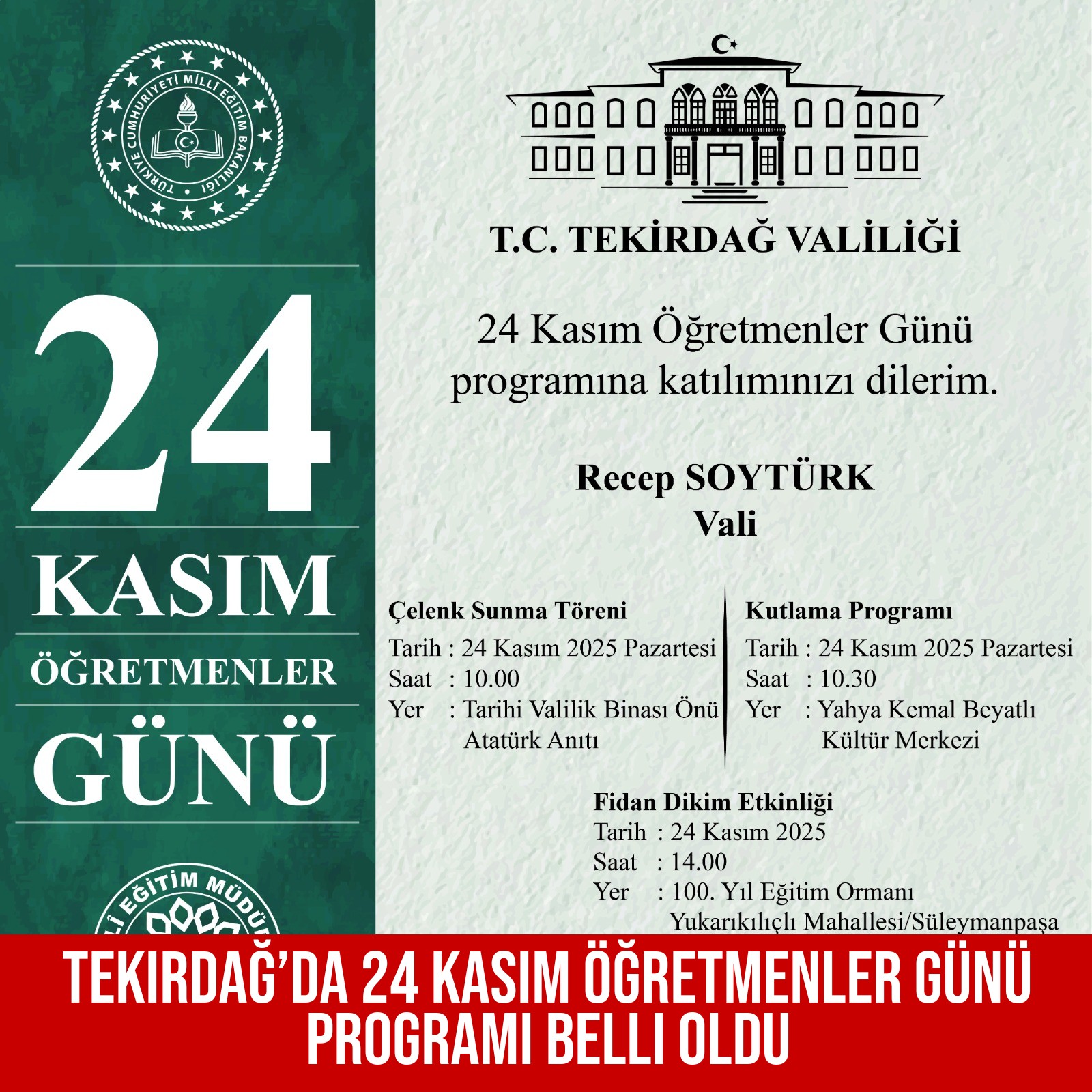 Tekirdağ’da 24 Kasım Öğretmenler Günü Programı Belli Oldu