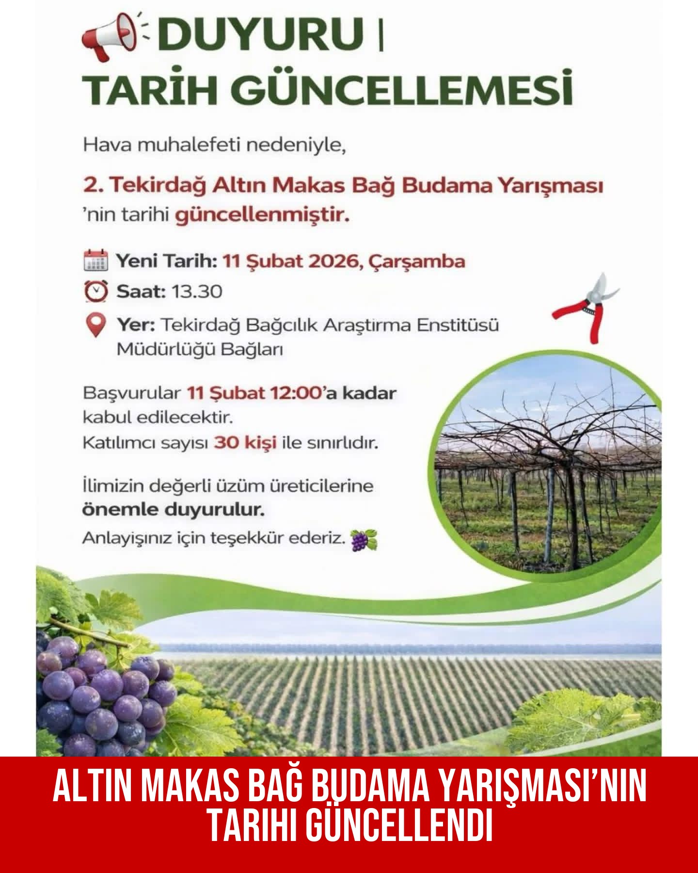 Altın Makas Bağ Budama Yarışması’nın Tarihi Güncellendi