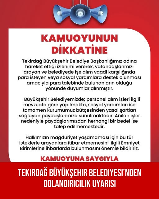 Tekirdağ Büyükşehir Belediyesi’nden Dolandırıcılık Uyarısı