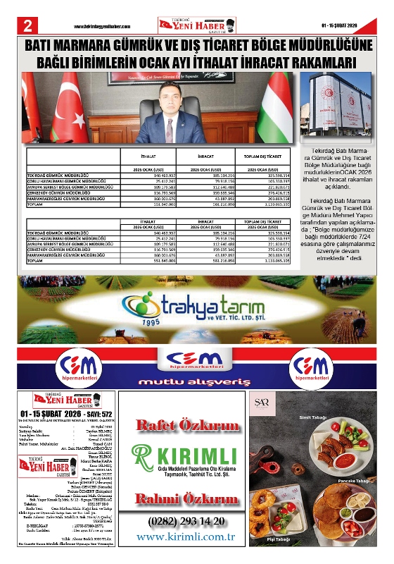 Tekirdağ Yeni Haber Gazetesi 572.Sayı Çıktı