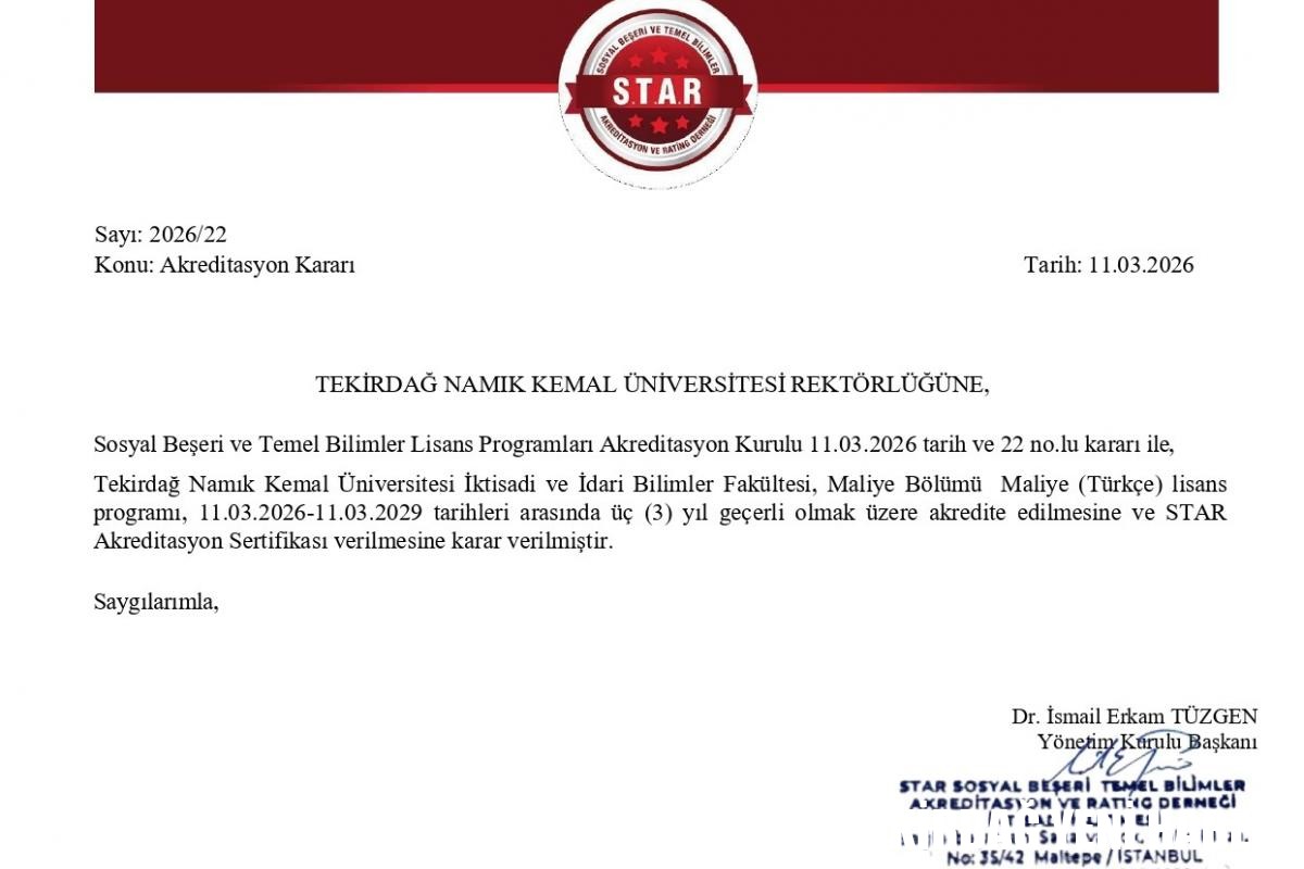 TEKİRDAĞ NKÜ İKTİSADİ VE İDARİ BİLİMLER FAKÜLTESİ MALİYE BÖLÜMÜ AKREDİTASYON ALMAYA HAK KAZANDI
