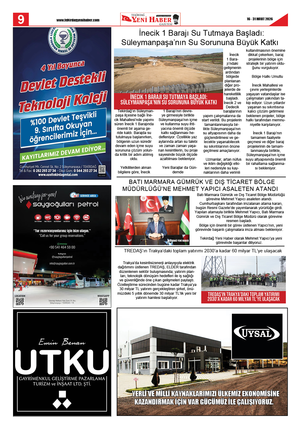 Tekirdağ Yeni Haber Gazetesi 575.Sayı Çıktı
