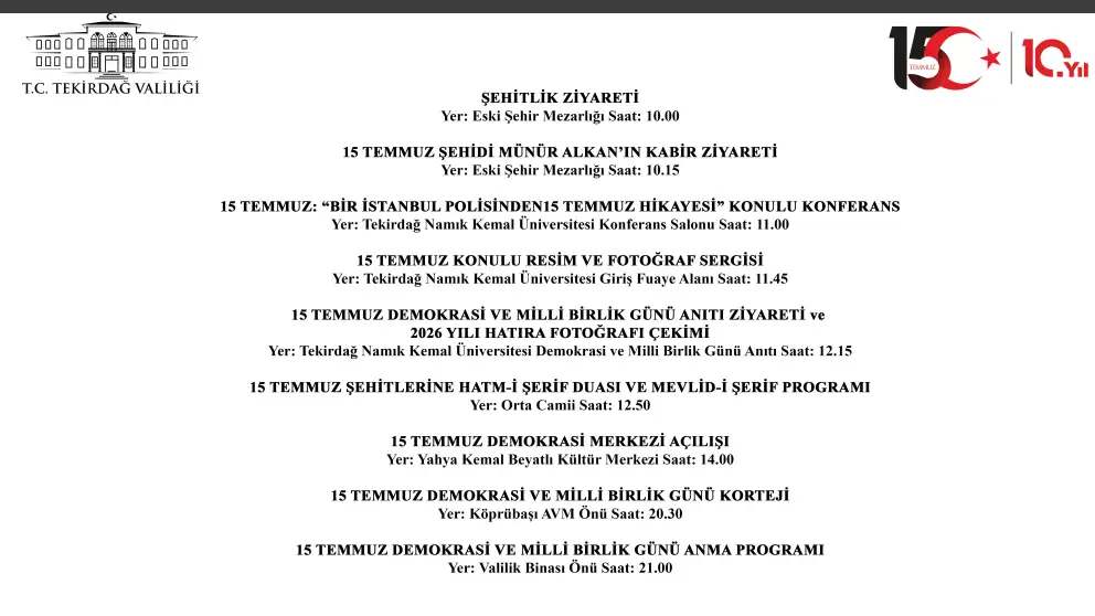 Tekirdağ Valiliği 15 Temmuz Demokrasi ve Milli Birlik Günü Programı