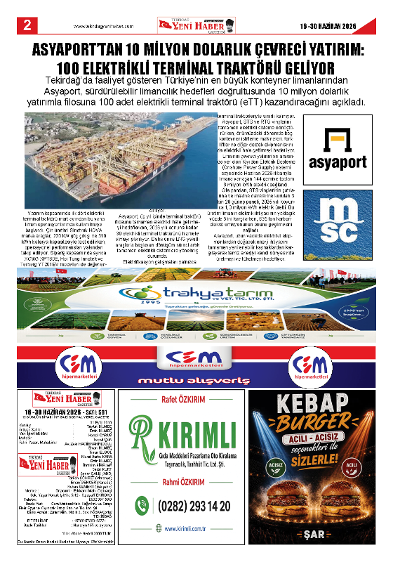 Tekirdağ Yeni Haber Gazetesi 581.Sayı Çıktı