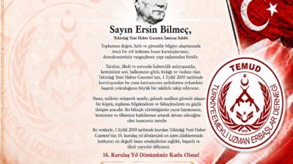 Tekirdağ Yeni Haber Gazetesi’nin 16.Kuruluş Yıldönümü Kutma Mesajı