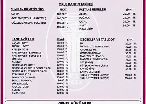 Tekirdağ’da Okul Kantinlerinde Tavan Fiyatlar Açıklandı 2026 – 2027