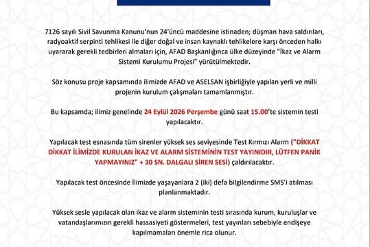 Tekirdağ’da İkaz ve Alarm Sistemi Test Edilecek
