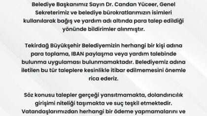 Tekirdağ Büyükşehir Belediyesinden Sahte Bağış Taleplerine Karşı Uyarı