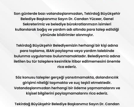 Tekirdağ Büyükşehir Belediyesinden Sahte Bağış Taleplerine Karşı Uyarı