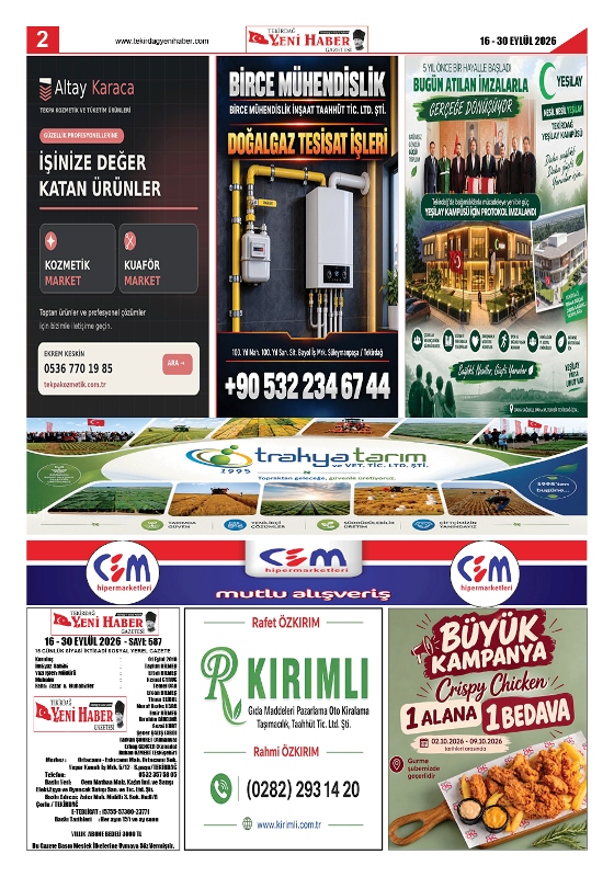 Tekirdağ Yeni Haber Gazetesi 587.Sayı Çıktı