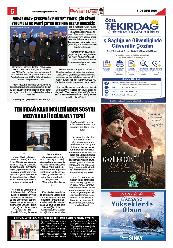 Tekirdağ Yeni Haber Gazetesi 587.Sayı Çıktı