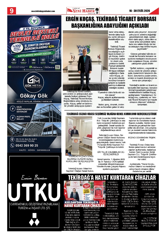 Tekirdağ Yeni Haber Gazetesi 587.Sayı Çıktı