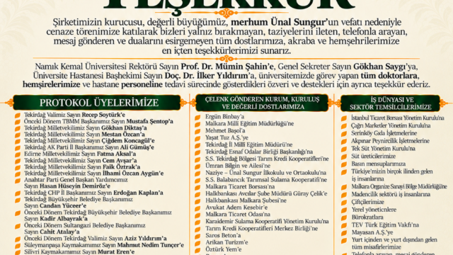 ÜNAL PEYNİRCİLİK AİLESİNDEN TEŞEKKÜR